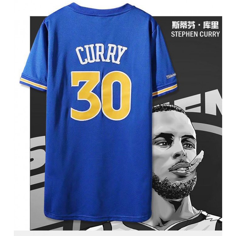 Maglia NBA 30 Curry Warriors Retro Manica Corta Blu Ricamato