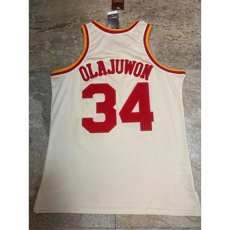 Maglia NBA 34 Hakeem Olajuwon Rockets Autentico Crema Chainstitch