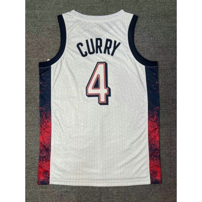 Maglia 4 Curry 2024 USA Team Bianco con stripe Uomo