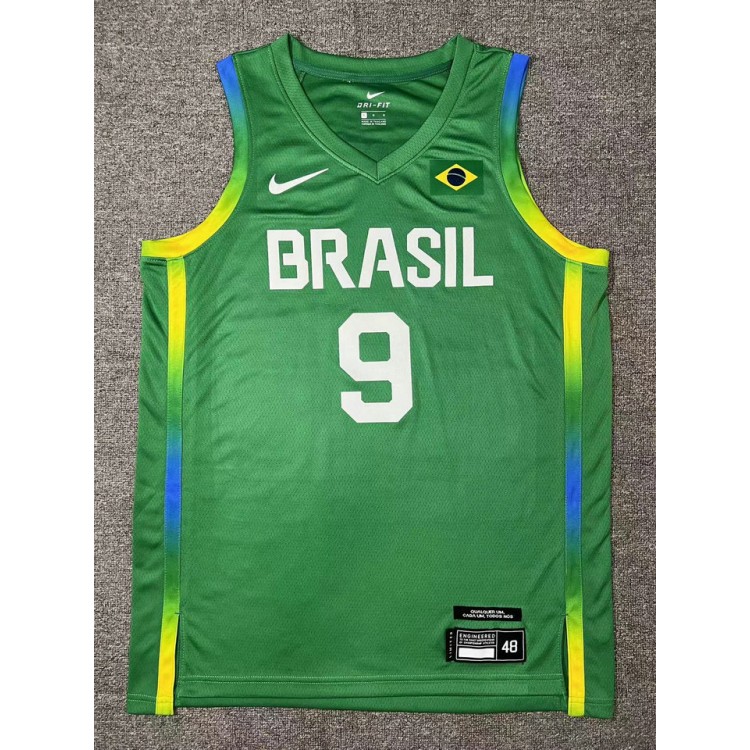 Maglia 9 Huertas 2024 Olympics Brazil Team Basketball Verde Uomo