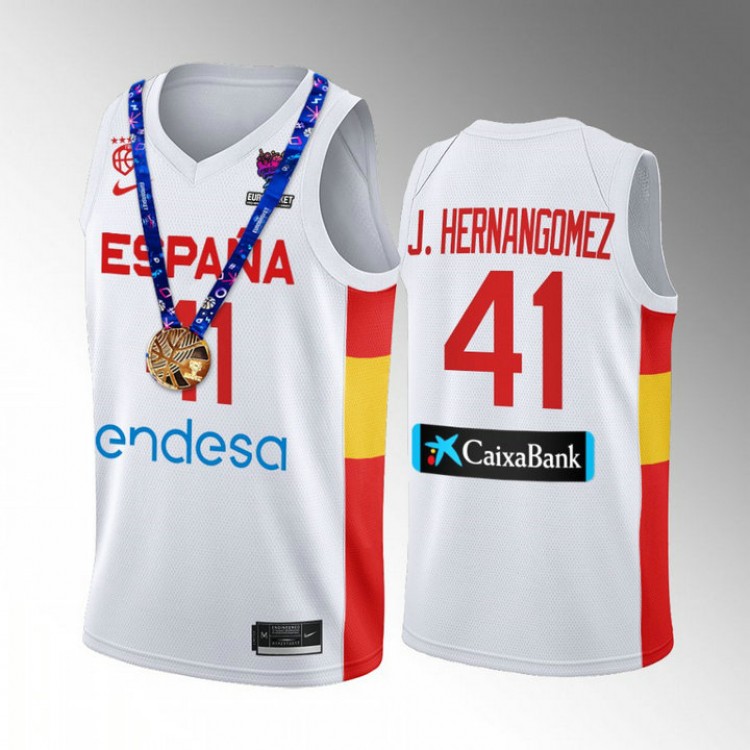 Juancho Hernangomez 41 Spain Champs FIBA EuroBasket 2022 Bianco Maglia Gold Medal Uomo