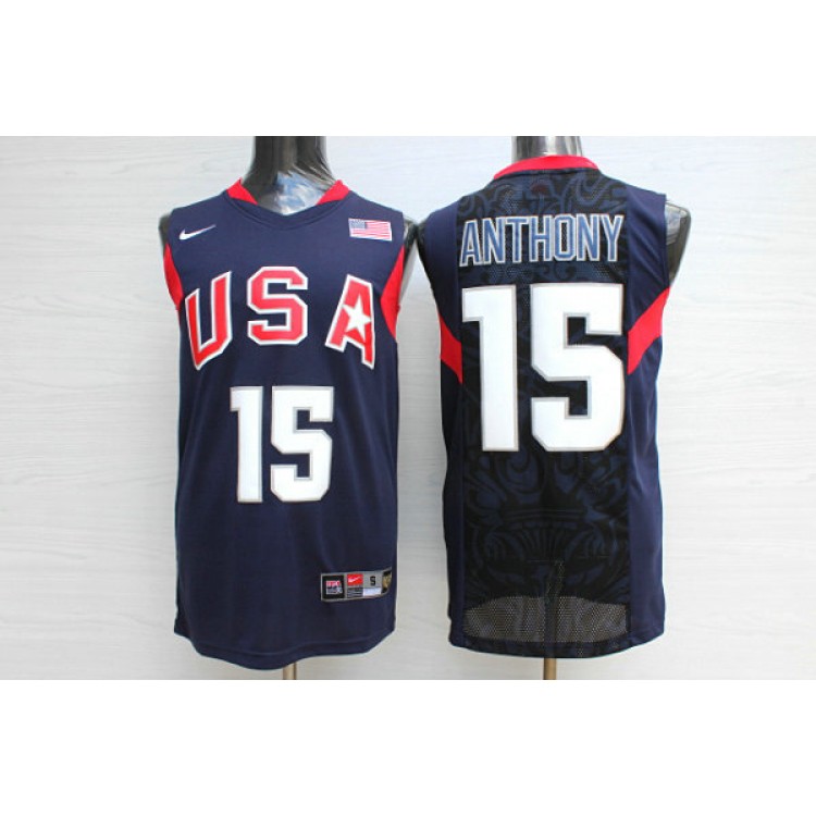 Maglia Nike Team USA Carmelo Anthony 15 2008 Olympic Basketball Blu