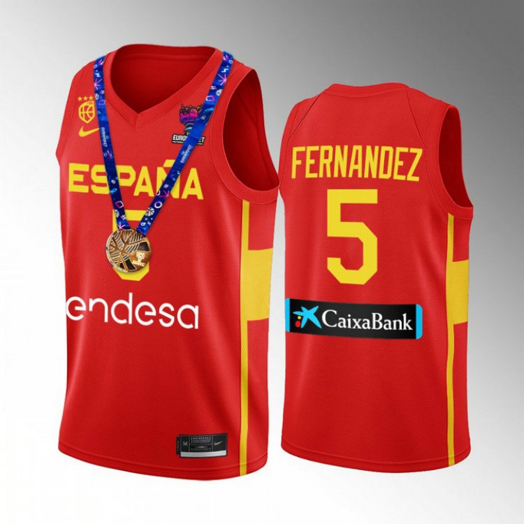 Rudy Fernandez 5 Spain Champs FIBA EuroBasket 2022 Rosso Maglia Gold Medal Uomo